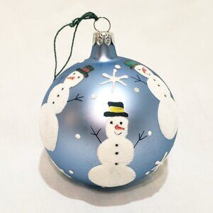 Fuzzy Snowman Ball Mercury Glass Christmas Ornament Poland 4" Snowflakes Blue